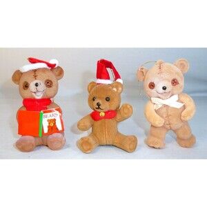 Vintage MCM Flocked Teddy Bear Christmas Ornaments Blow Mold Lot Of 3 Hat Book